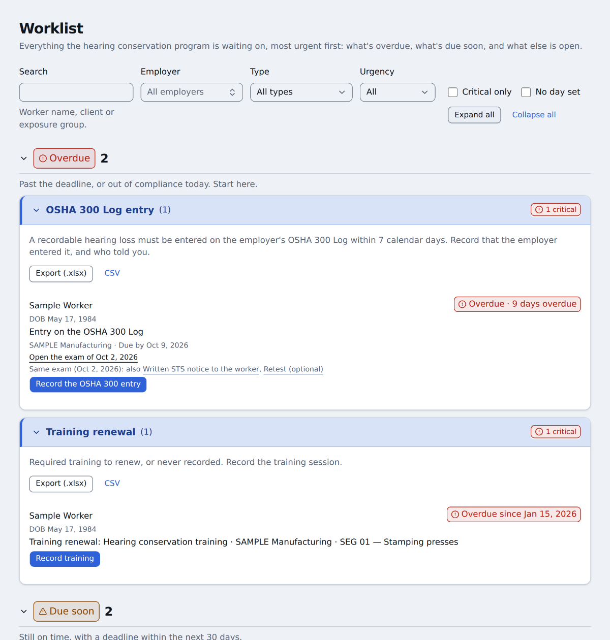 The Worklist of HCP Expert for a fictitious program: two overdue items, an OSHA 300 Log entry nine days overdue and a training renewal, then two due soon, among them the written STS notice to the worker within 21 days. Each item names the worker, the employer, the due date and the action to take.